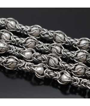 Цепь плетёная с жемчугом Майорка нержавеющая сталь, 50см