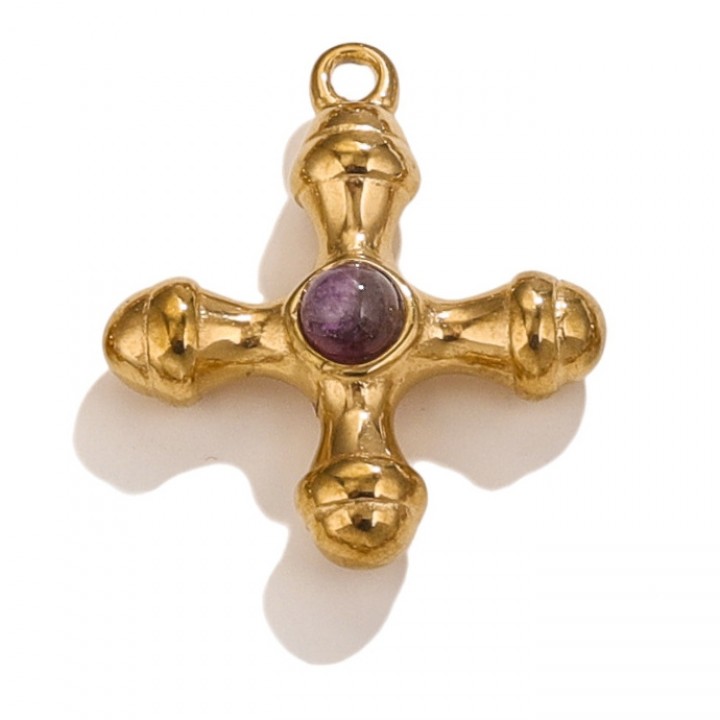 Gold Plated Stainless Steel Cross pendant Amethyst, 1 piece