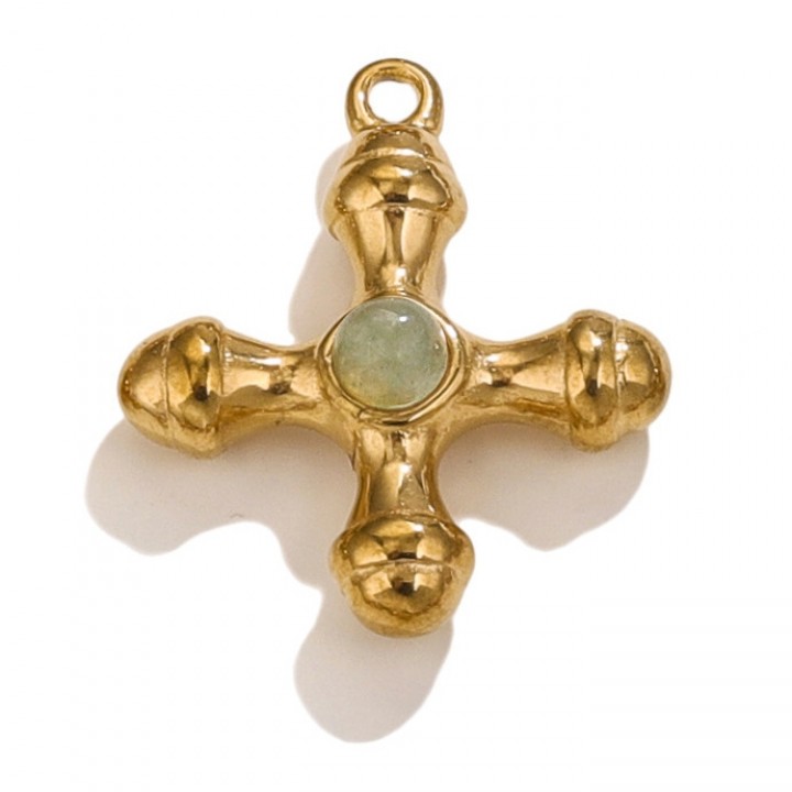 Gold Plated Stainless Steel Cross pendant Aventurine, 1 piece