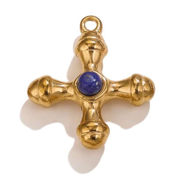 Gold Plated Stainless Steel Cross pendant Lapis Lazuli, 1 piece