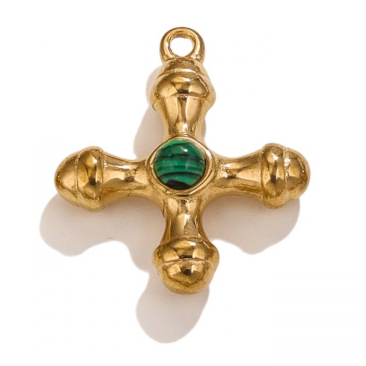Gold Plated Stainless Steel Cross pendant Malachite, 1 piece