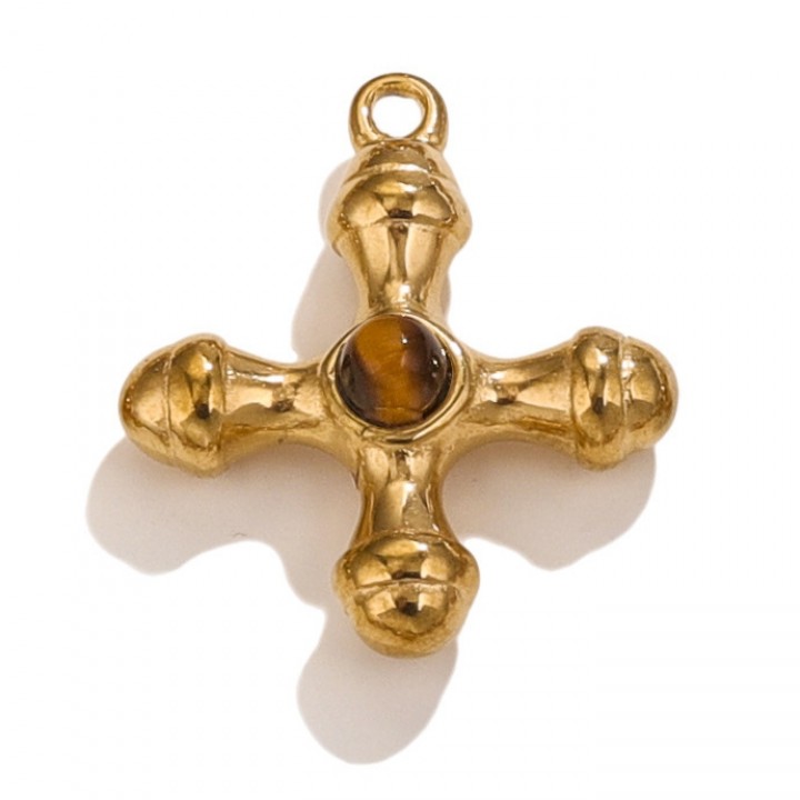 Gold Plated Stainless Steel Cross pendant Tiger's Eye, 1 piece