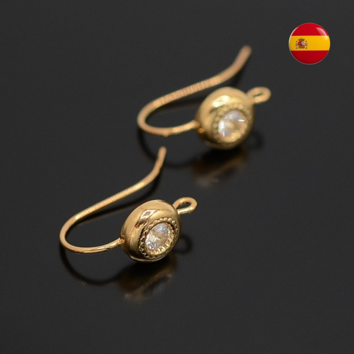 Earrings 8mm with one cubic zirconia, 24 carat gold plated
