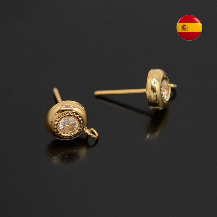 Pendientes botón dorado con circonita y anilla interior, 1 par