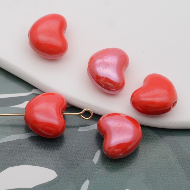 Heart Ceramic Beads 13:15mm red color, 1 piece