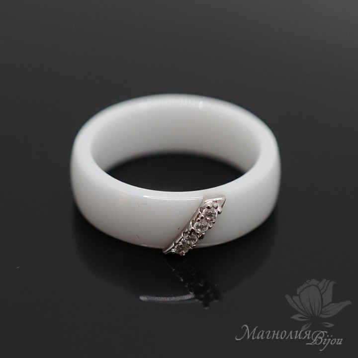 Керамическое кольцо с металлической вставкой Полоска, цвет белый