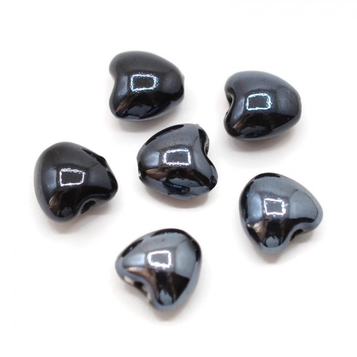 Ceramic beads Heart 10mm color black, 10 pieces