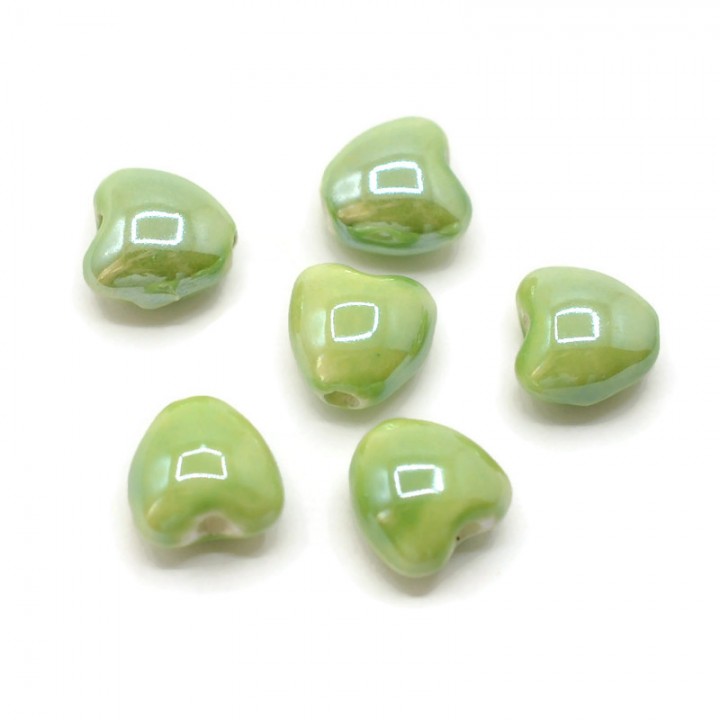 Ceramic beads Heart 10mm color green, 10 pieces
