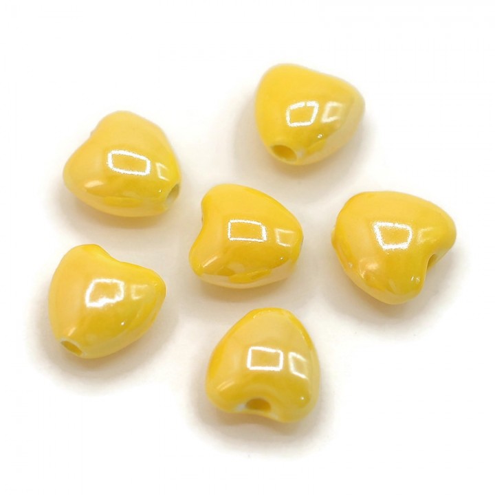 Bead Ceramic Heart 10mm color yellow, 10 pieces