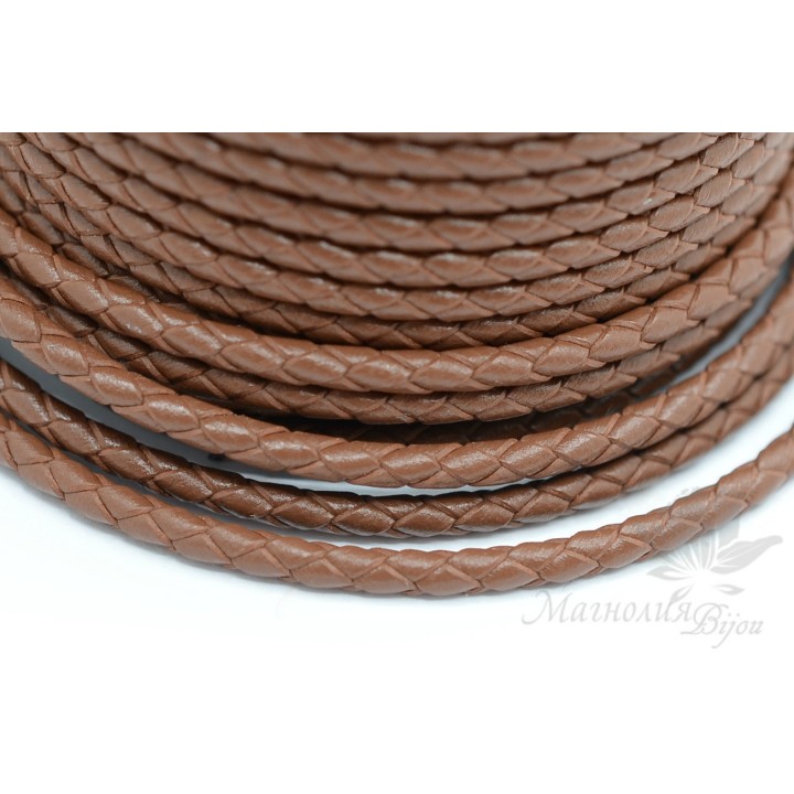 Braided leather cord 3mm, brown, 1 meter