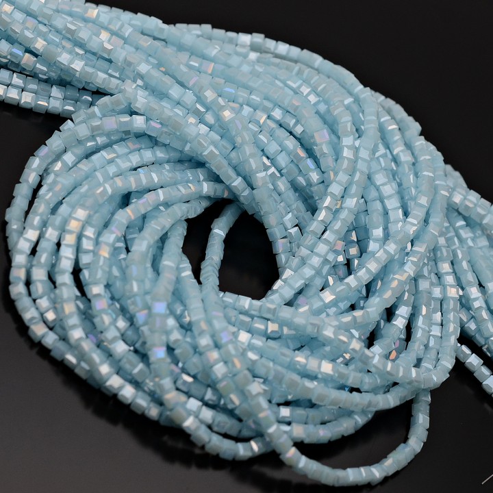 Кубик хрустальные бусины 2мм цвет голубой Фарфор АВ, 1 нить(~185 бусин)