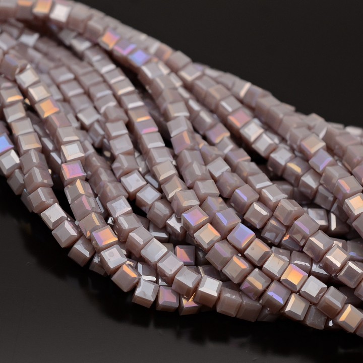 Faceted Cube Glass Beads 4mm color Lilac Porcelain AB, 1 strand (~100 beads)