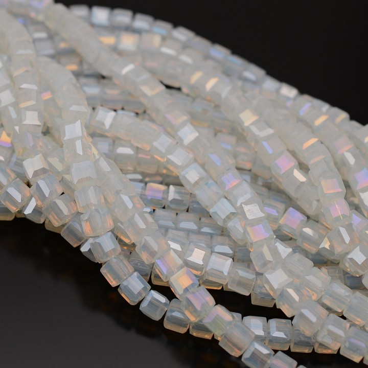 Faceted Cube Glass Beads 4mm color White Opal AB, 1 strand (~100 beads)