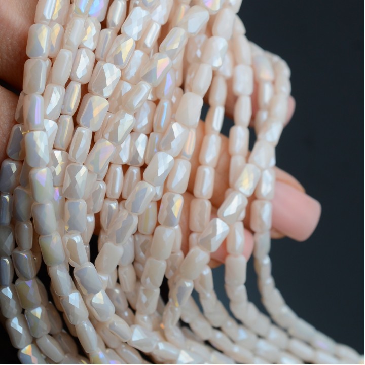 Faceted Rectangle Glass Beads 6:4mm color Beige Porcelain AB, 1 strand (~78 beads)