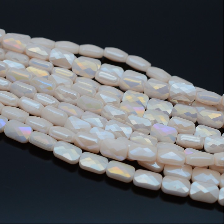 Faceted Rectangle Glass Beads 8:6mm color Beige Porcelain AB, 1 strand (~72 beads)