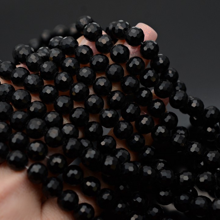 Faceted Round Glass Beads 8mm Black color, 1 strand (~68 beads)