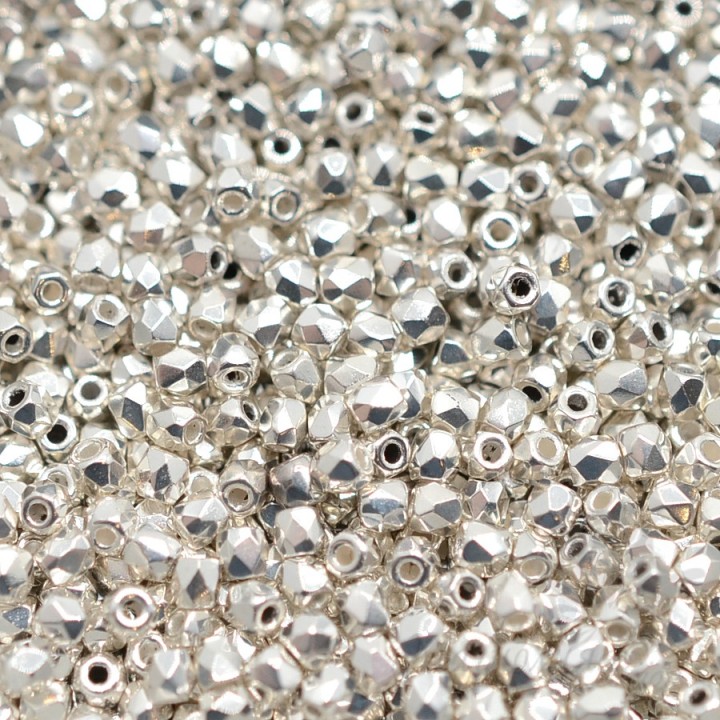 Czech faceted beads Fine Silver Plated True 2mm, 50 pieces