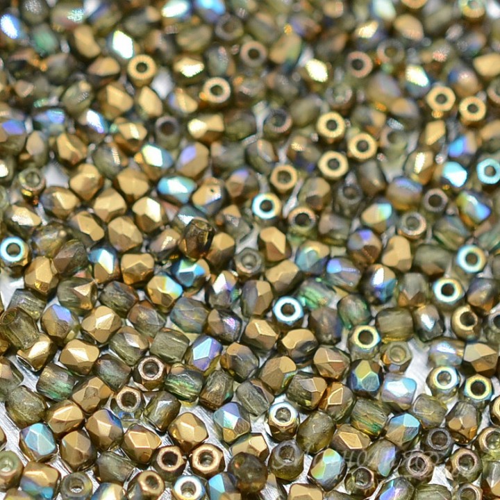 Czech faceted beads Rainbow Olive Gold True 2mm, 50 pieces