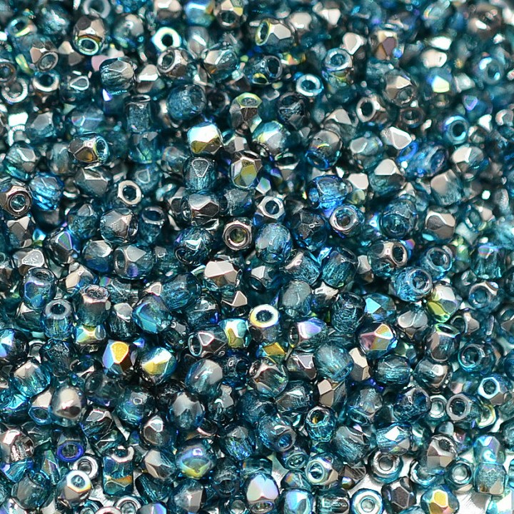 Czech faceted beads Aqua Graphite Rainbow True 2mm, 50 pieces