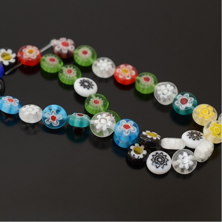 Millefiori Glass Beads 8mm Flat Round mixed color, 37cm strand