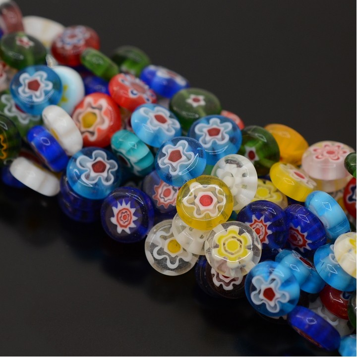 Millefiori Glass Beads 10mm Flat Round mixed color, 37cm strand