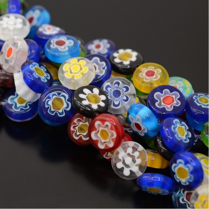 Millefiori Glass Beads 12mm Flat Round mixed color, 37cm strand