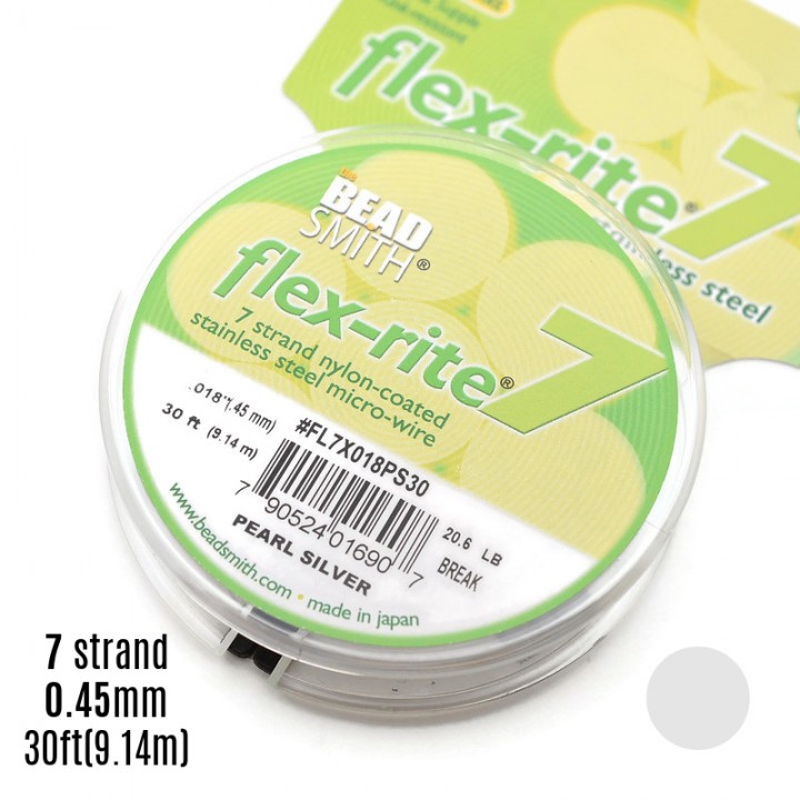 Hilo de acero "Flex-Rite 7" 0.45mm recubierto de nylon color Pearl Silver, 1 bobina(9.14m)