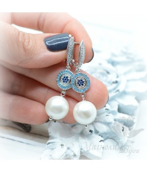 Earrings with white Mallorca pearls and cubic zirkonia, rhodium plated