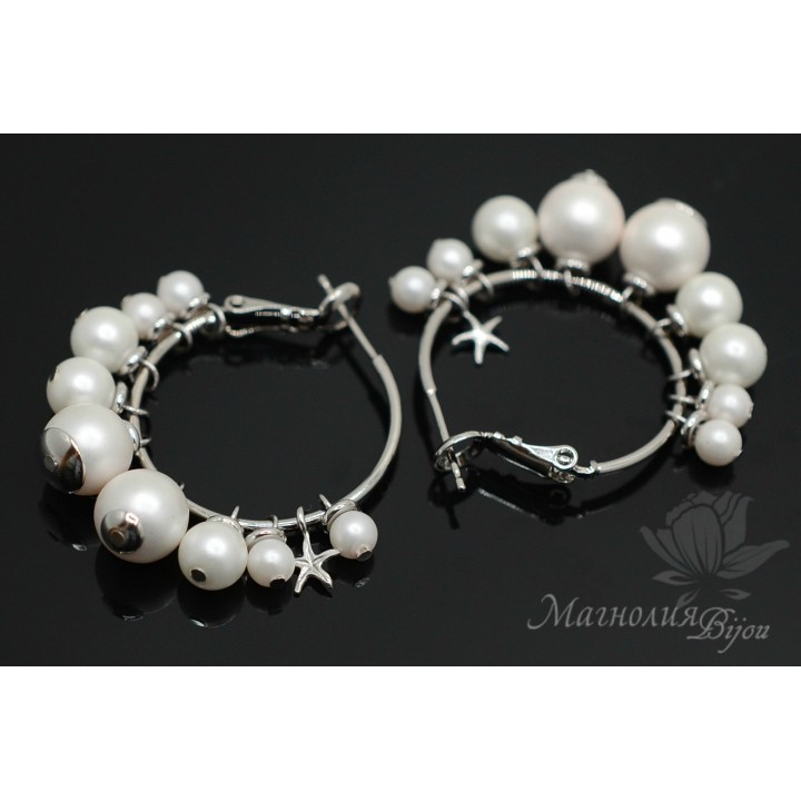 Pendientes aros con perlas de nácar(color blanco), rodio