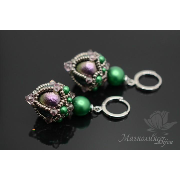 Earrings "Lanterns №2" with cotton pearls, rhodium plated