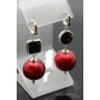 Earrings with red cotton pearls and black agate, rhodium plated