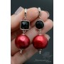 Earrings with red cotton pearls and black agate, rhodium plated