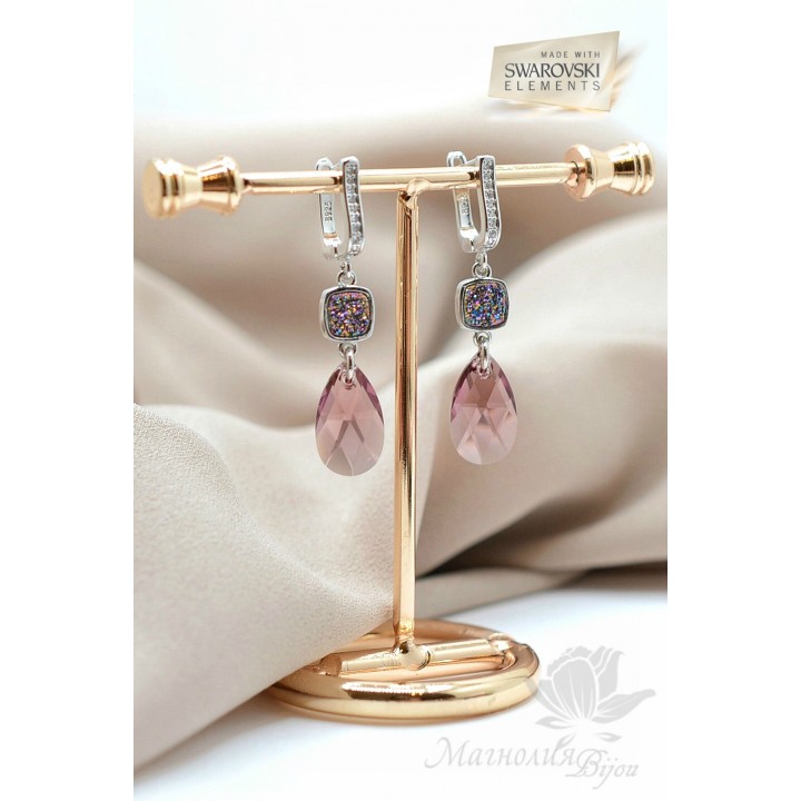 Earrings with Swarovski druses and pendants, rhodium plated