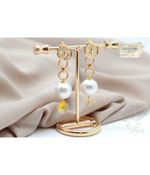 Earrings "Bees" with cotton pearls and Swarovski crystal, gilding