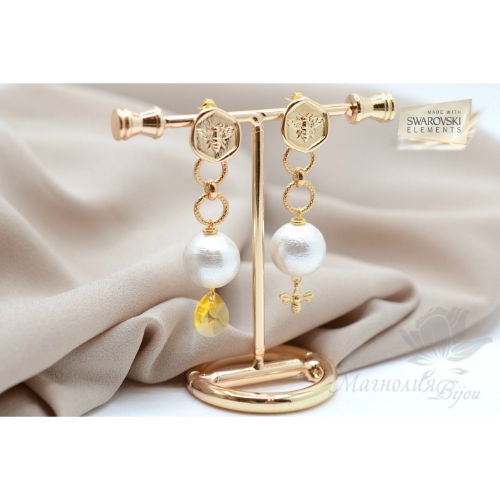 Earrings "Bees" with cotton pearls and Swarovski crystal, gilding