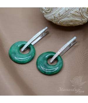 Earrings with green jade, rhodium plated