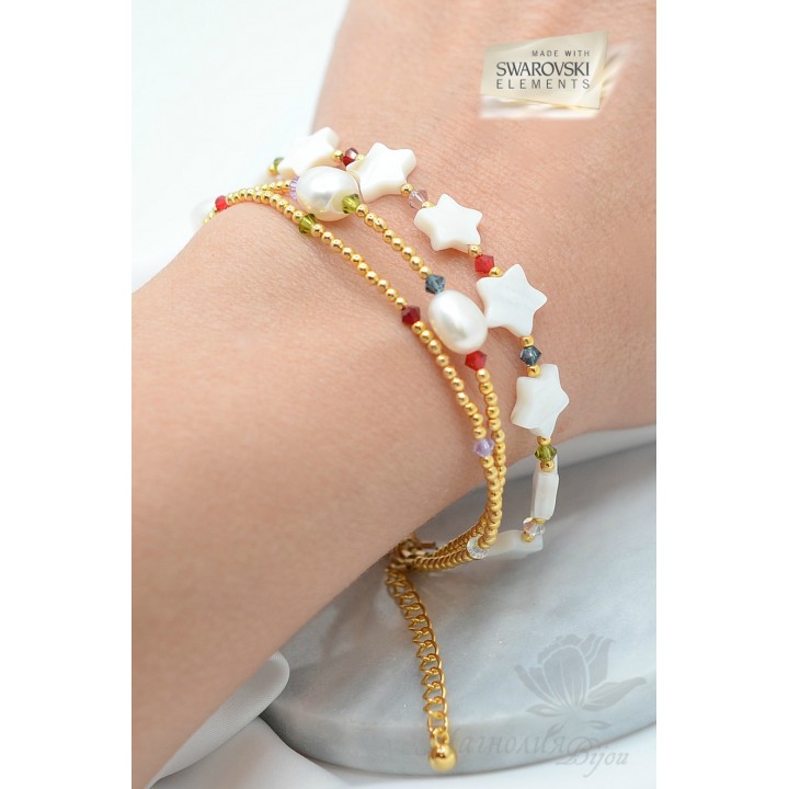 Bracelet with natural pearls and mother-of-pearl, 16K gold plated