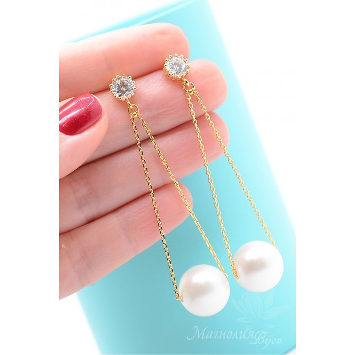 Earrings with chains and pearls Shell, gold plated 16K