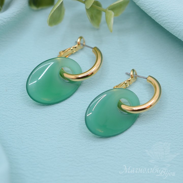 Green agate hoop earrings, 16K gold plated