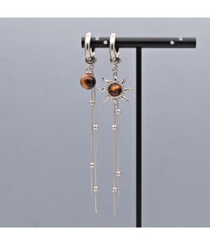 Stainless Still Sun Earrings with Tiger Eye, 1 pair