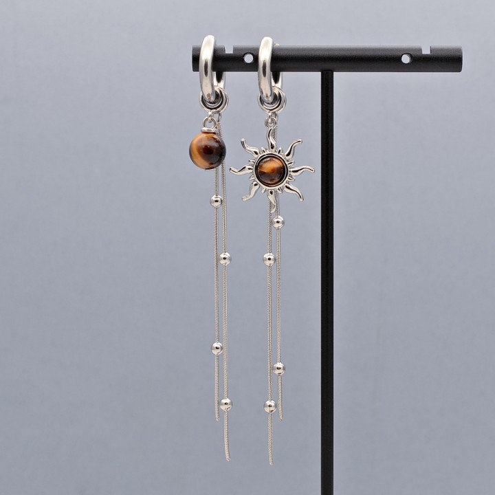 Stainless Still Sun Earrings with Tiger Eye, 1 pair