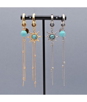 Stainless Still Sun Earrings with Turquoise, 1 pair