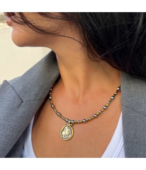 Choker with medallion and hematite, rhodium plated