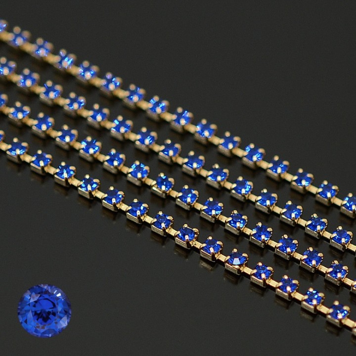 Strass chain Sapphire 206 1.5mm gold plated 16K, length 10cm