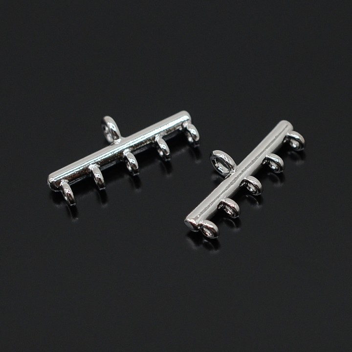 Simple Bar 5 Loops Connectors for bracelet or necklace, rhodium plated brass