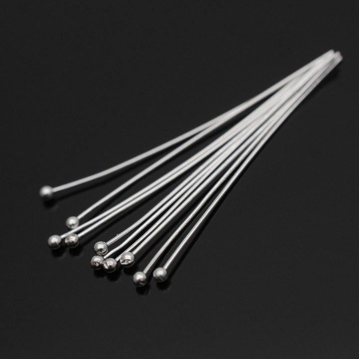 Пины с шариком 30:0,4мм серебро 925 пробы + родиевое покрытие, 10 штук