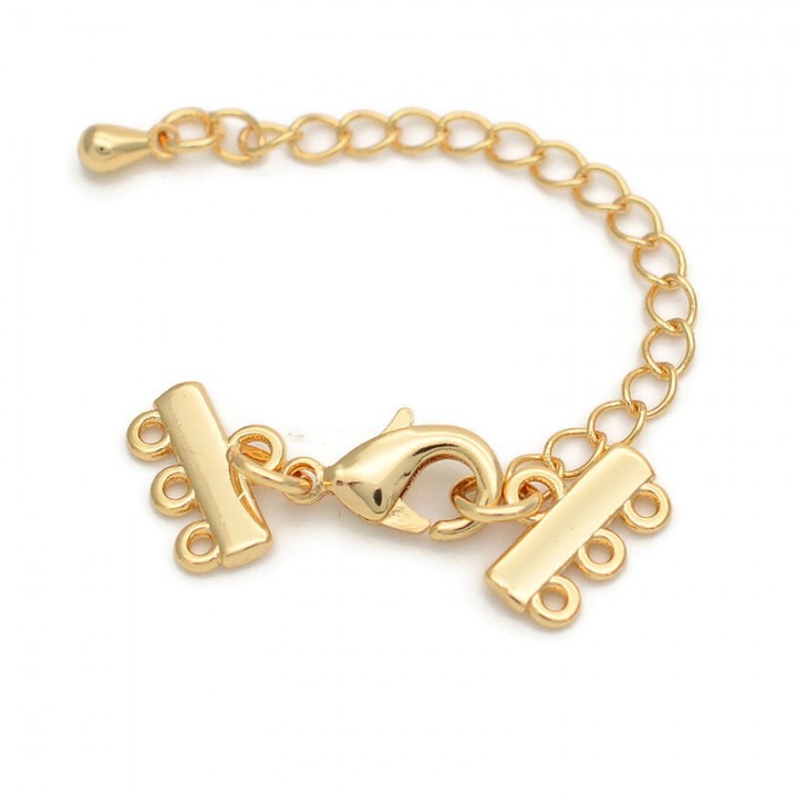 Terminales 11mm con cierre mosquetón para 3 filas, latón dorado 18K