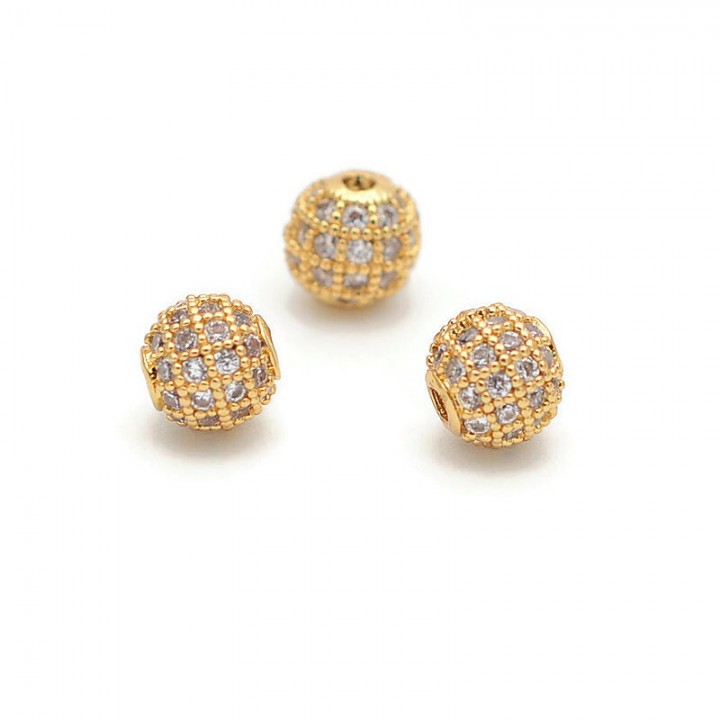 CZ Brass Micro Pave Clear Color 6mm Round Beads, 18K gold plated