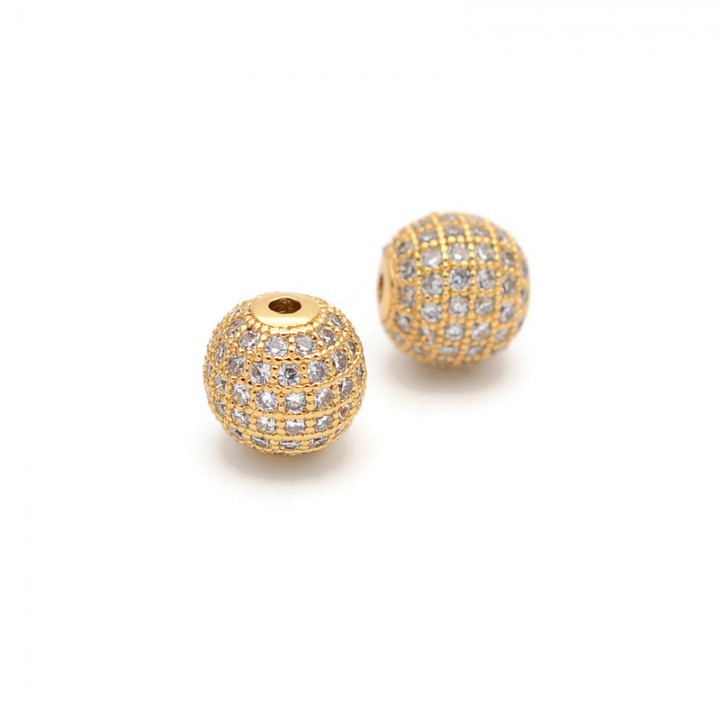 CZ Brass Micro Pave Clear Color 8mm Round Beads, 18K gold plated