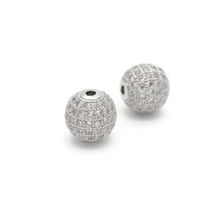 CZ Brass Micro Pave Clear Color 8mm Round Beads, platinum plated